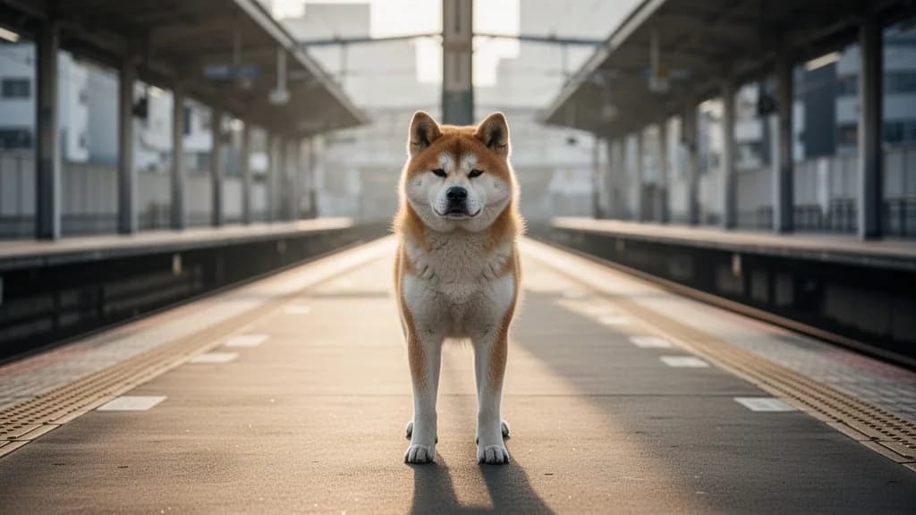 Ein Akita-Hund wartet auf einem Bahnsteig